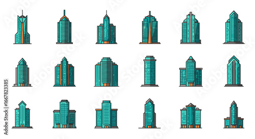 Modern skyscrapers collection in cartoon style for urban design