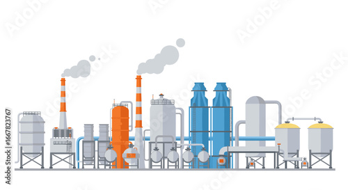 Modern industrial plant with smoke stacks and equipment in flat design