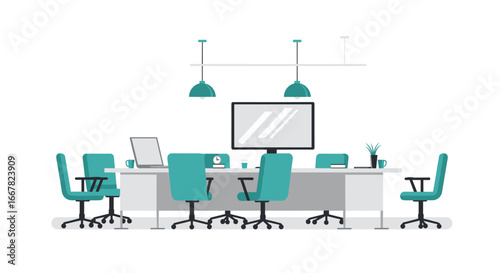 Modern office workspace with desk chairs, computers, and minimalist decor