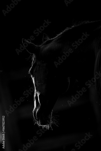 Black and White low key photo of a horse in field