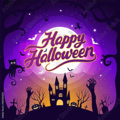 Halloween element design on full moon background with Happy Halloween calligraphy, Trick or Treat Concept, vector illustration
