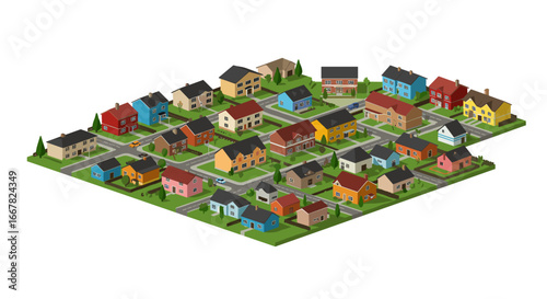 Isometric suburban neighborhood with colorful houses and streets