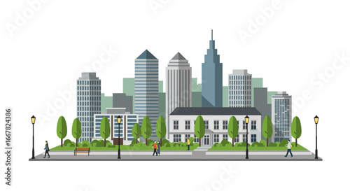 Modern cityscape with park and skyscrapers in flat design style