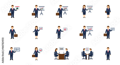 Business professionals engaged in office tasks with presentation charts and meetings