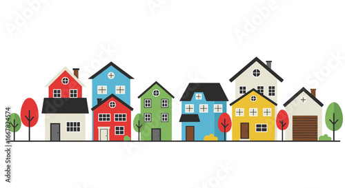 Colorful residential neighborhood with modern houses and trees