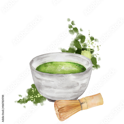 抹茶と茶筅の水彩画、抽象的な背景