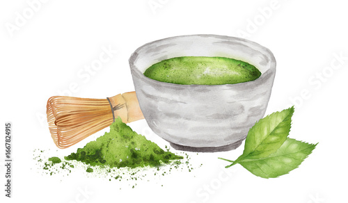 抹茶と茶筅、抹茶パウダー、お茶の葉の水彩画