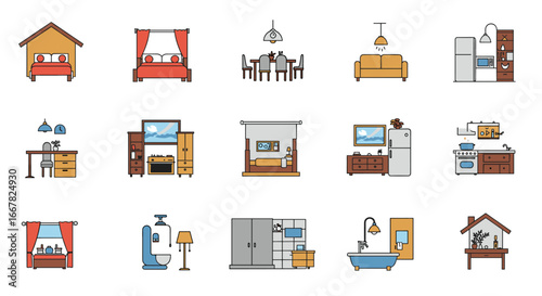 Flat design home furniture icons: bedroom, kitchen, living room essentials