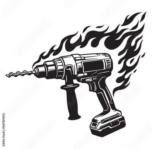 Black and white illustration of a powerful cordless drill with fire elements surrounding it
