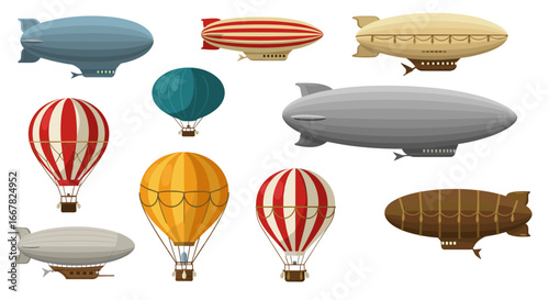 Vintage airships and hot air balloons collection in flat design