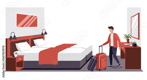 Cozy hotel room with traveler in modern flat style interior design