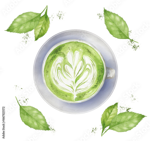 抹茶ラテの水彩画　お茶の葉の背景