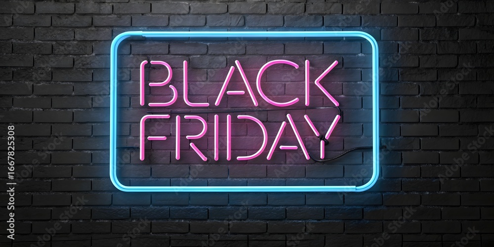 Fototapeta premium Vibrant Neon Black Friday Sign Illuminating Dark Brick Wall Background Captivating Typography and Festive Atmosphere Creates Excitement for Shopping