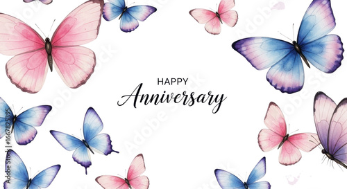 Elegant watercolor butterflies celebrate a happy anniversary on a stunning black background