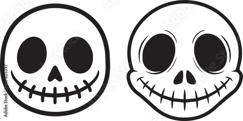 Minimalist black and white stitched skull icons – cartoon-style spooky faces with hollow eyes and subtle shape variations.