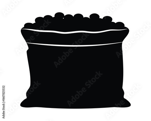 Solid Black Silhouette of a Sack Overflowing with Round Objects