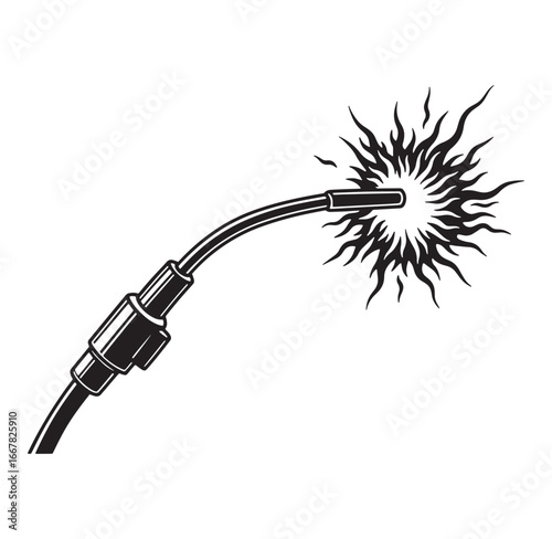 Black and white illustration of a welding torch with sparks emanating during operation