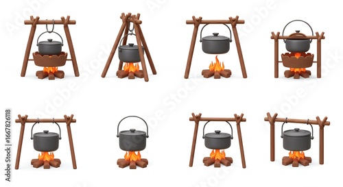 Cooking pot over campfire illustrations set