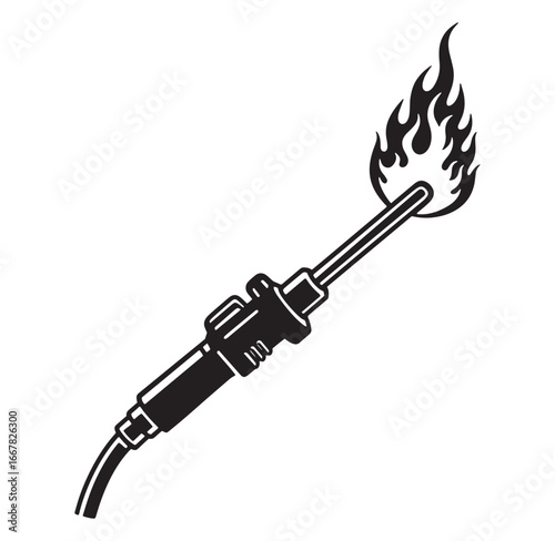 Black and white line art illustration of a blowtorch with flames isolated