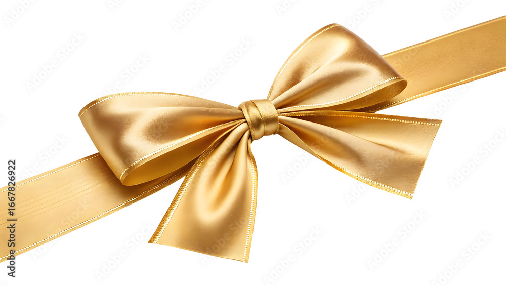 Fototapeta premium Closeup view of a luxurious golden satin ribbon tied in a perfect bow against a black background the ribbon has a subtle sheen and the bow is elegantly formed showing the