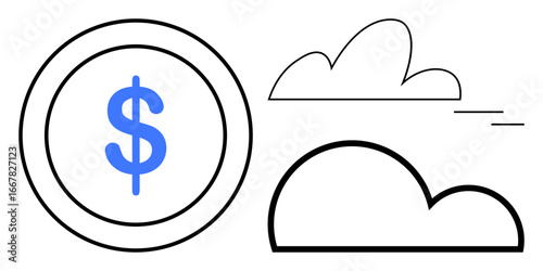 Dollar sign inside a circle paired with simplified cloud outlines, symbolizing cloud computing, finance, and technology integration. Ideal for fintech, SaaS, online transactions, banking, cloud