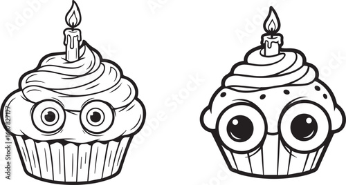 Minimalist black and white cupcake character icons – playful birthday treats with quirky faces, frosting swirls, and lit candles.