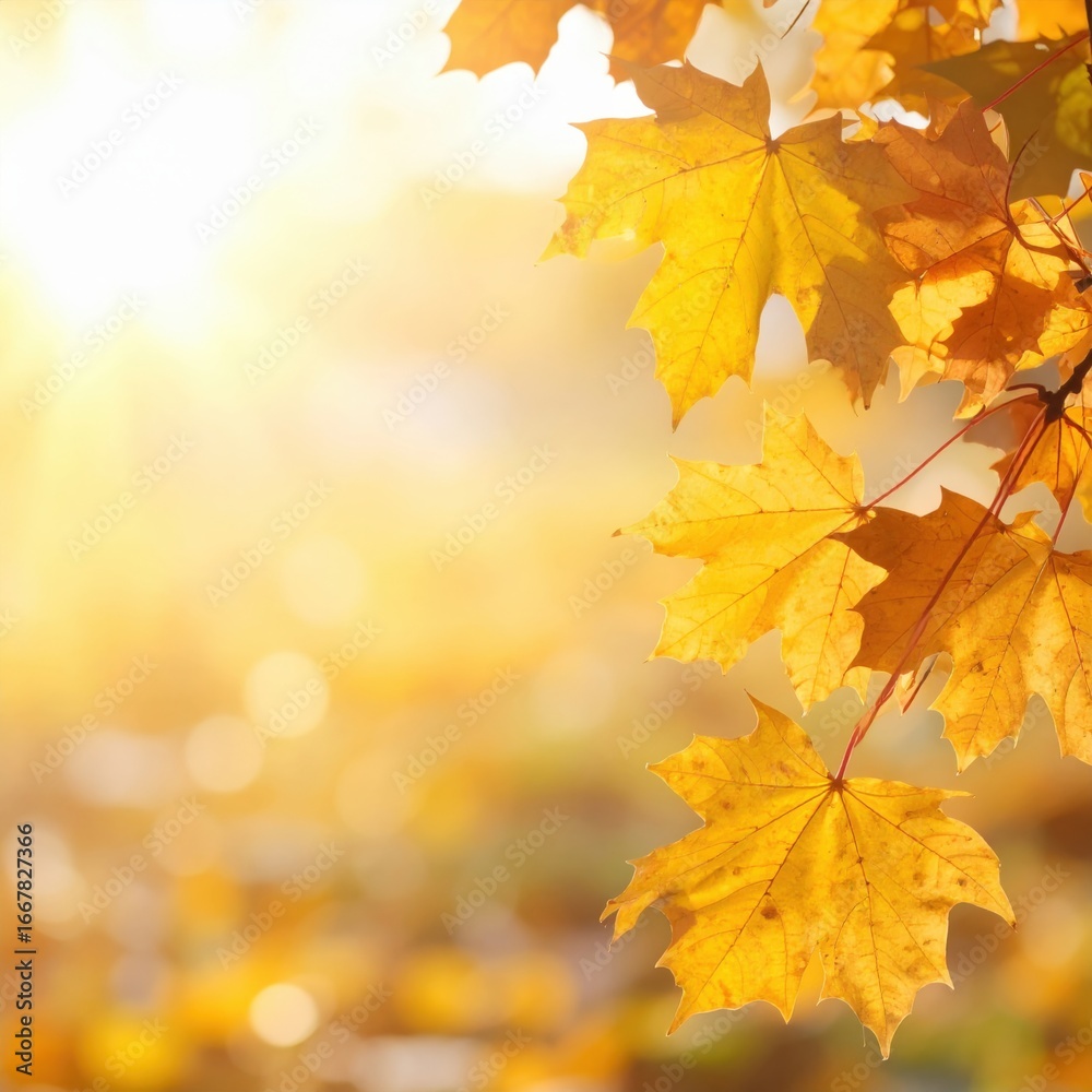 Fototapeta premium Autumn leaves bathed in the warm glow of sunlight creating a serene atmosphere. Capturing the essence of the season, showcasing the beauty of nature's transformation.