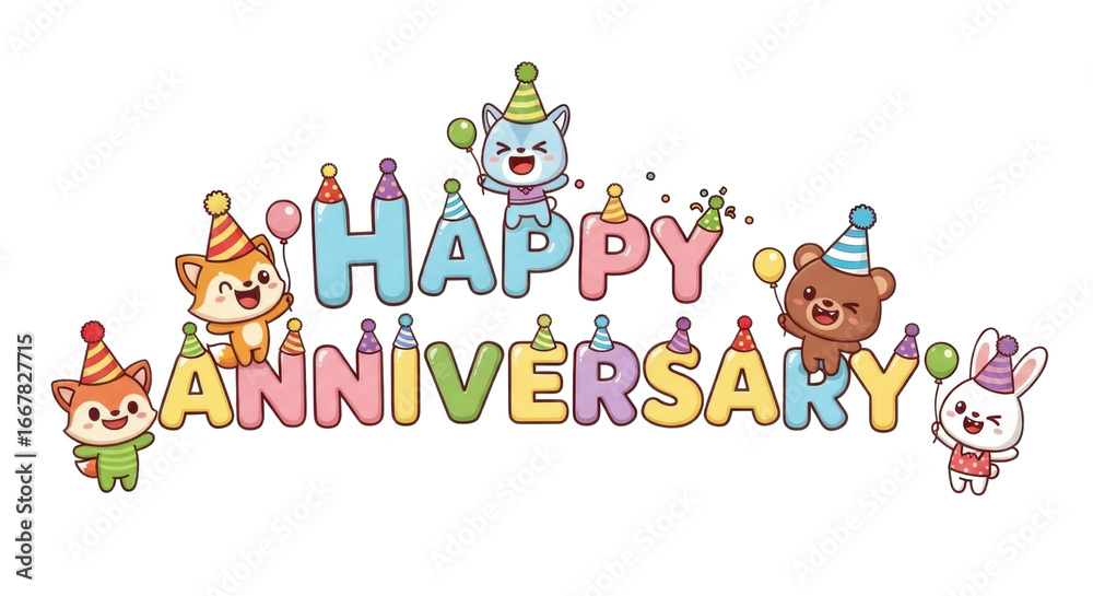 Fototapeta premium Festive Happy Anniversary design with adorable cartoon animals celebrating with balloons and joy