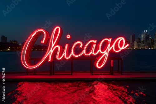 Neon “Welcome to Chicago” glowing by Lake Michigan shore.
