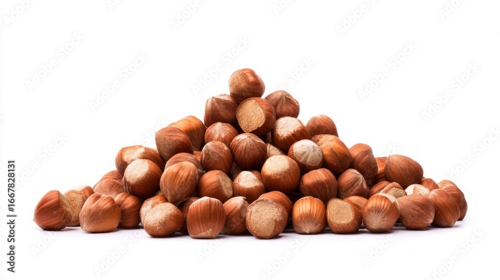 Pile of hazelnuts on white background. Neural network AI generated Pile of hazelnuts on white background. Neural network AI generated