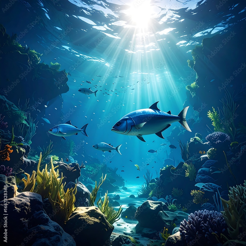 Obraz premium Underwater coral reef scene with sunbeams
