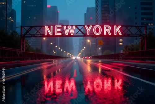 Rain-soaked highway with neon “Welcome to New York” reflected on wet asphalt.
