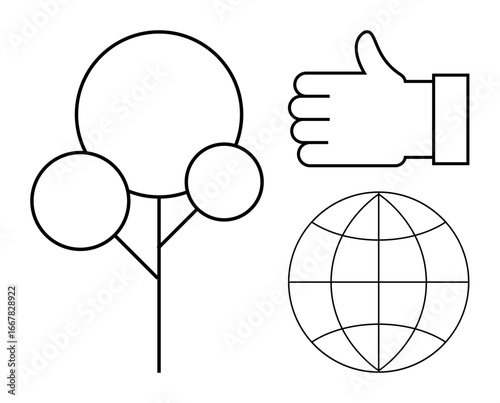 Minimalist tree with circular elements, globe representing interconnectedness, and thumbs-up gesture denoting approval. Ideal for sustainability, global awareness, environmental protection, teamwork