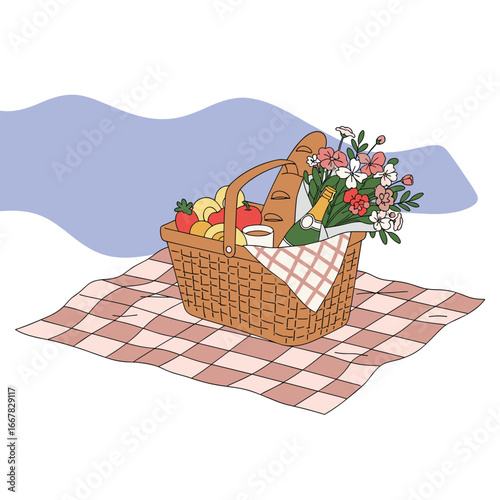 A charming picnic basket brimming with fresh fruit and flowers rests on a checkered blanket under a gentle blue sky