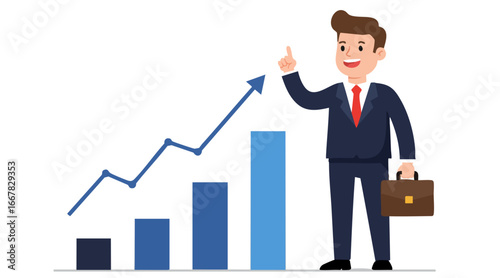 Flat cartoon vector of young businessman with rising bar graph, pointing upward, business growth success, financial profit, career progress, startup development, minimal design, clean shapes