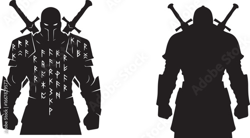 Minimalist black and white warrior silhouette icons – dual-sword fighters with Norse runes and mythic armor.