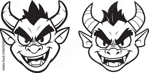 Minimalist black and white devil head icons – mischievous horned characters with sharp teeth and expressive cartoon style.