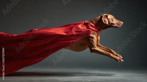 Dynamic brown dog wea red cape flying through air against dark background with motion effect