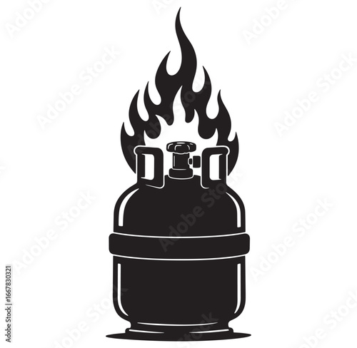 Burning propane gas cylinder depicting danger and flammable content for illustration purposes