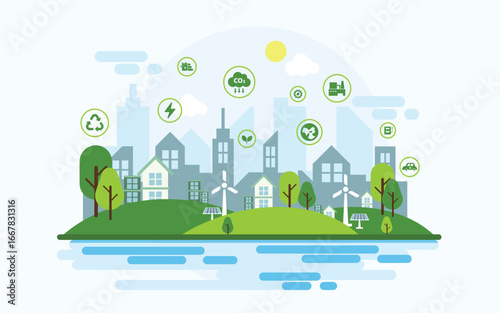 Green city ecology environment and renewable energy background. Low carbon sustainable city development and save the world with eco-friendly.Vector City Landscape Banner Isolated Design with icons.