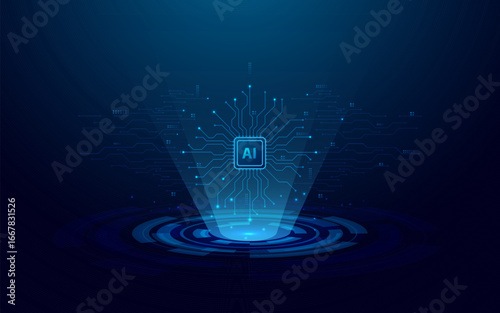 AI chip with electric circuit wires on technology background. Hi-tech digital futuristic technology. Artificial Intelligence hologram on light glowing semiconductor. Digital vector illustration.
