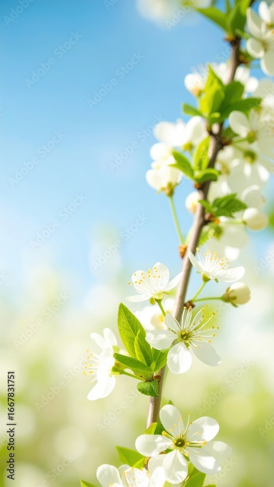 Obraz premium a branch with blooming white flowers reaches towards a soft blue sky, symbolizing renewal and freshness