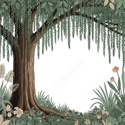 A Verdant Forest Glade With an Ancient Willow Tree Framing an Open Space