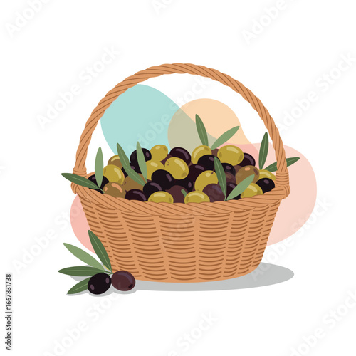 A Woven Basket Overflowing with a Delicious Assortment of Fresh Olives and Green Leaves on a White Background
