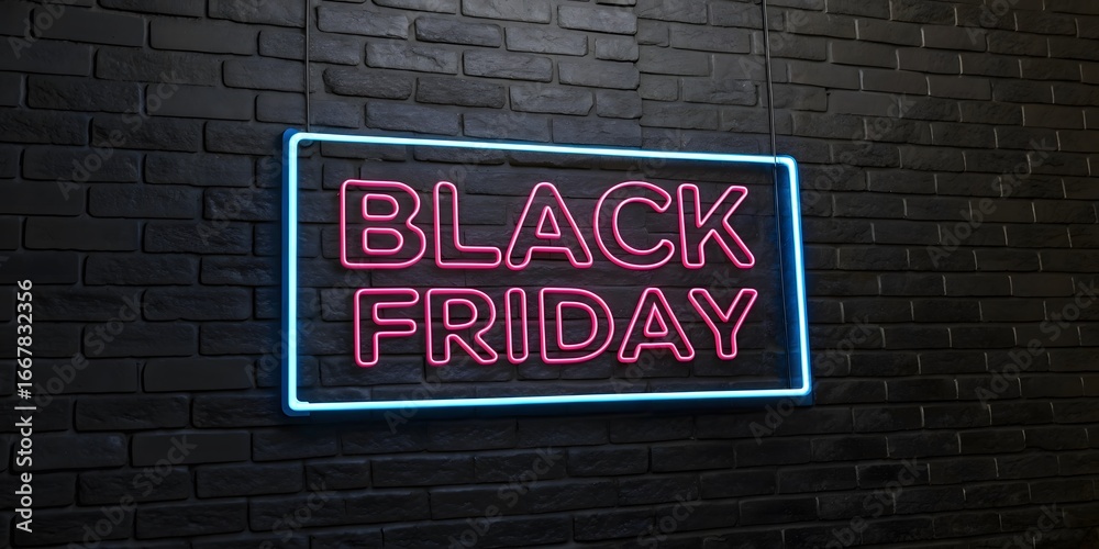 Fototapeta premium Illuminated Black Friday Neon Sign Against a Dark Brick Wall Creating a Modern and Promotional Atmosphere