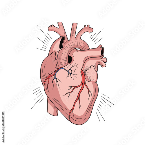 Anatomical Illustration of a Human Heart with Veins and Arteries and Light Rays