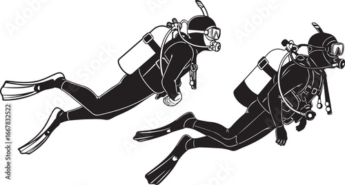 Minimalist black and white scuba diver silhouettes – underwater exploration icons with full gear and dynamic swimming pose.