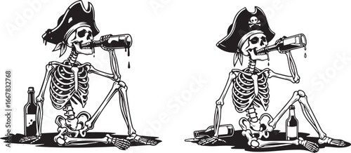 Minimalist black and white skeleton pirate icons – humorous undead figures drinking with bottles and swords in bold tattoo style.