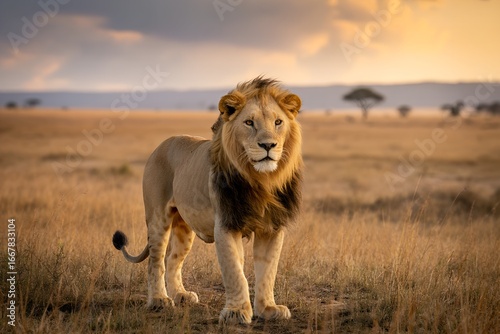 Majestic lion standing proudly in African savanna during golden hour sunset, stunning wildlife scene