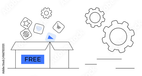 Open box labeled Free releasing icons thumbs up a heart, star, play button, and shopping cart amidst connected gears. Ideal for resources, technology, creativity, innovation, ideas teamwork simple